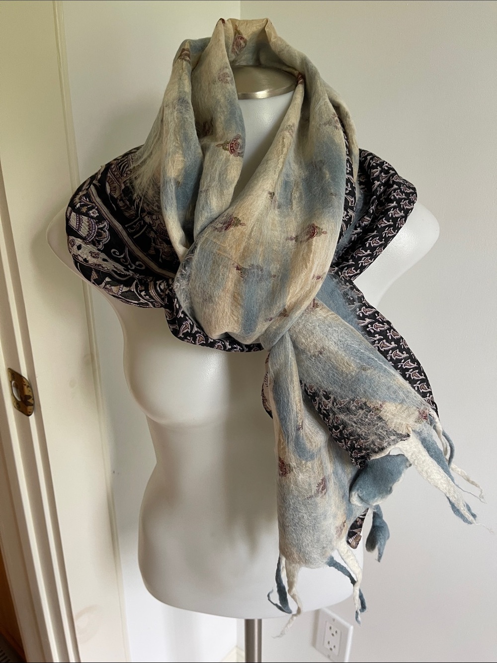 Nuno Felted Silk/Wool Blue & Black Patterned Women's Scarf